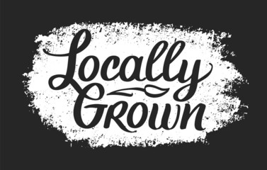 Locally Grown, vector logo template. Hand Drawn brush lettering with plant. Label, brand emblem for organic food, products packaging, farmer market.