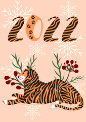 Obraz premium New Year of the Tiger 2022. Postcard with cute hand-drawn tiger. Wild animal. Christmas and new year holidays. Vector illustration.