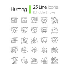 Hunting linear icons set. Wildlife animal and bird hunt. Pursue and capture prey. Shooting and trapping. Customizable thin line contour symbols. Isolated vector outline illustrations. Editable stroke
