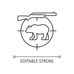 Big game hunting linear icon. Hunt large animals. African species hunting. Safari. Capture lion. Thin line customizable illustration. Contour symbol. Vector isolated outline drawing. Editable stroke