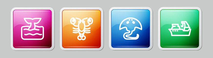 Set line Whale tail in ocean wave, Lobster, Stingray and Fishing boat. Colorful square button. Vector