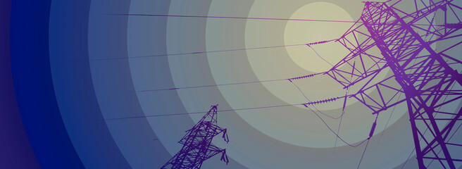 Vector contour silhouette. Substation, powerhouse. High-voltage line. Blue background, cover. Sky. Poles cable Background.