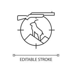 Mountain hunting linear icon. Preparation for mountain hunt. Pursue and capture sheep and goat. Thin line customizable illustration. Contour symbol. Vector isolated outline drawing. Editable stroke