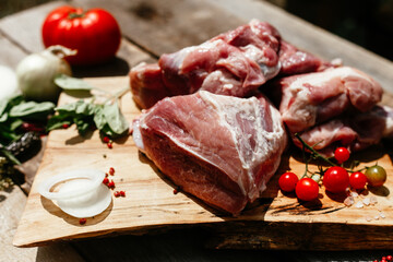 Pork pulp.raw piece of meat on a wooden board. 