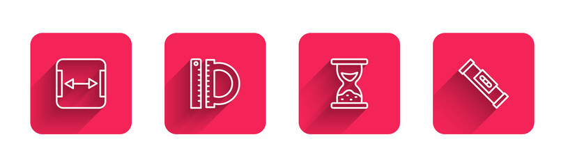 Set line Area measurement, Protractor and ruler, Old hourglass with sand and Construction bubble level with long shadow. Red square button. Vector