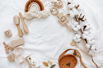 Still life background of cute newborn accessories on white background - 455678695