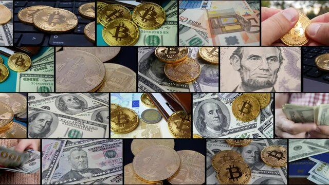 Multiscreen montage composition collage of cryptocurrency BTC bitcoin coins. Video wall with footage digital coin money. Digital payment system. Split screen collage of e-commerce or stock exchange