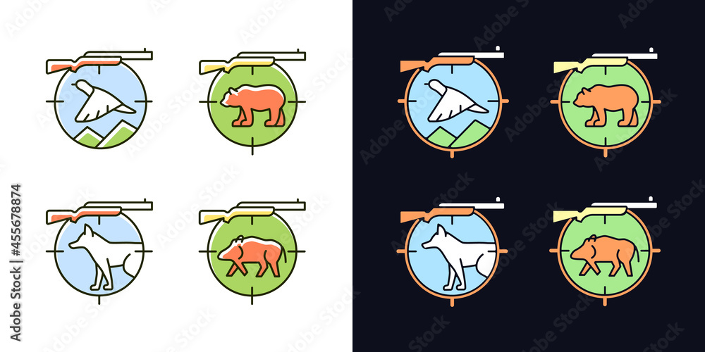 Poster big and small game hunting light and dark theme rgb color icons set. hunting weapon to kill boar and