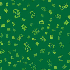 Set line Hairbrush, Cream cosmetic tube and Medical rubber gloves on seamless pattern. Vector