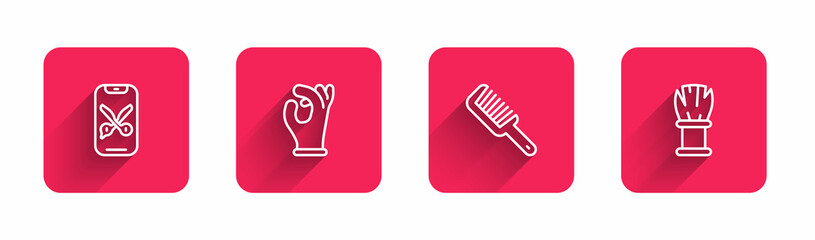 Set line Barber online service or platform, Medical rubber gloves, Hairbrush and Shaving with long shadow. Red square button. Vector