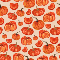 seamless pattern of pumpkins on beige background