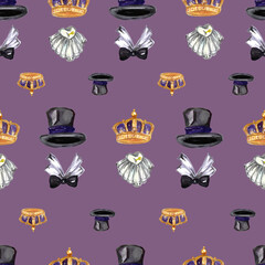 watercolor seamless pattern top hats and crowns on a lilac background - obrazy, fototapety, plakaty