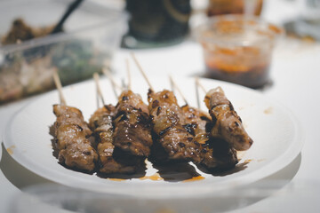 Grilled meat on a skewers on white dish