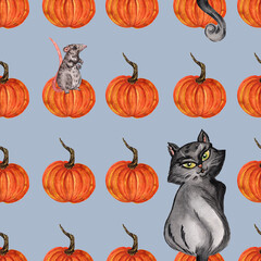 pattern mouse hiding from a cat behind pumpkins, pattern on gray background