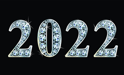 Text from diamonds 2022, gemstone and gold styled numbers, vector illustration. 