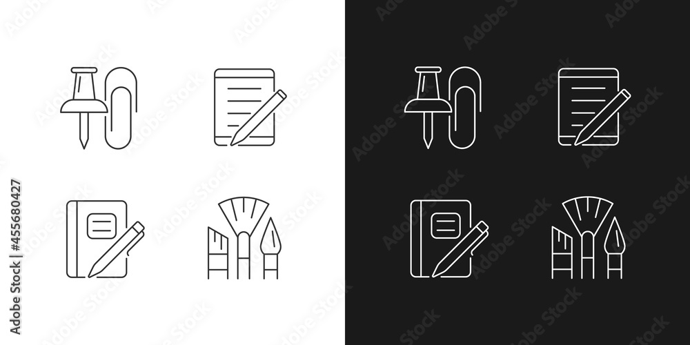 Aufkleber school stationery linear icons set for dark and light mode. pins and paper clips. graph composition 