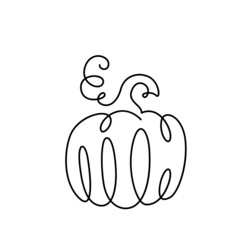 Pumpkin drawing continuous line vector illustration. Black one thin contour in vegetable form. Concept for thanksgiving, halloween minimal design isolated on white background