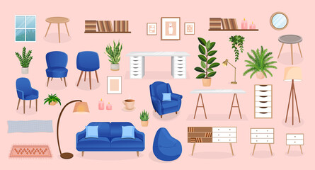 Set of furniture for the bedroom, hallway, living room, office. Collection of items for the interior of an apartment, office, home. Vector illustration in flat cartoon style. Housing elements.