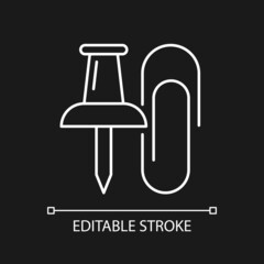 Pins and paper clips white linear icon for dark theme. Binding paper sheets together. Thin line customizable illustration. Isolated vector contour symbol for night mode. Editable stroke