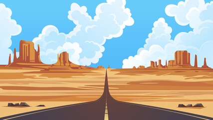 Monument Valley Navajo Tribal Park, vector illustration. Desert landscape with road going far away into the horizon.  - obrazy, fototapety, plakaty