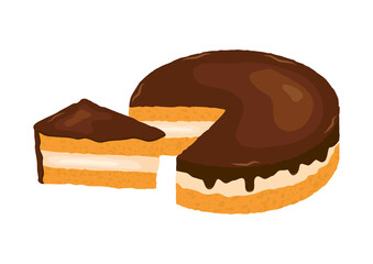 Delicious cream cake with chocolate icing icon vector. Piece of chocolate cake icon isolated on a white background. Boston Cream Pie icon vector