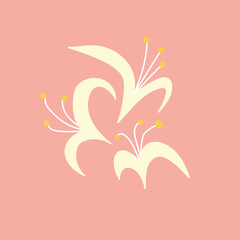 Cute honeysuckle flowers. Flowering white plants, hand-drawn on a pink isolated background. Cartoon style. Vector art. Printing a template, poster, logo.