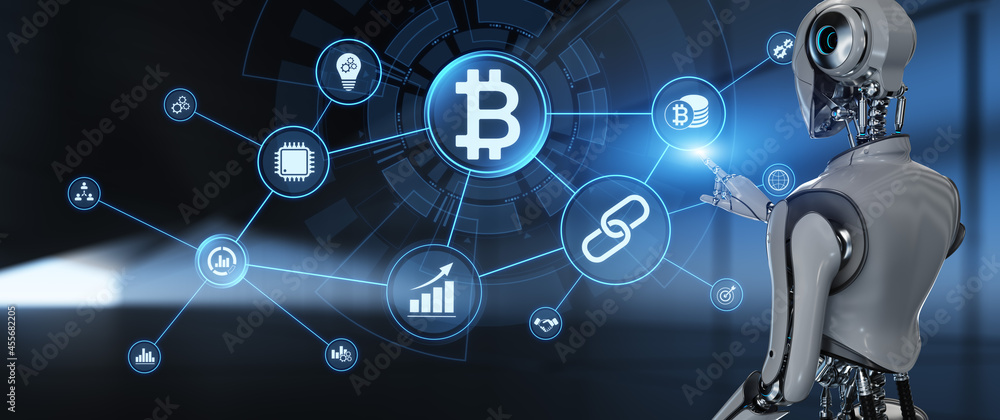 Poster bitcoin cryptocurrency btc trading. robot pressing button on screen 3d render.