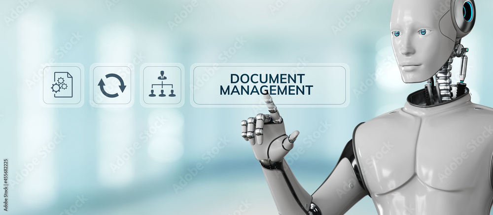 Poster document management system dms business process automation concept. robot pressing button on virtual
