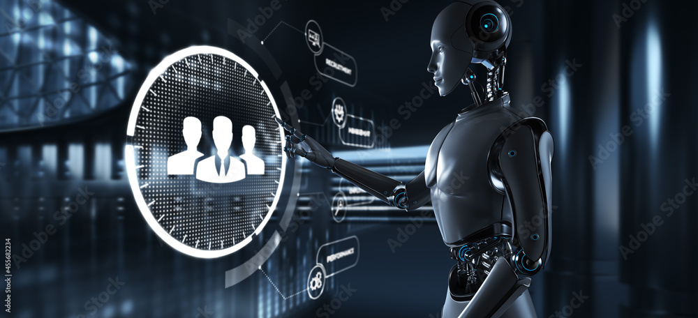 Poster hr human resources automation rpa. robot pressing button on screen 3d render.