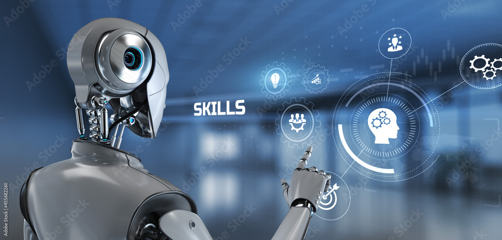 Aufkleber skills personal training development education concept. robot pressing button on screen. 3d render.