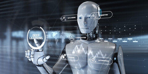 Deep learning artificial intelligence neural network. Robot pressing button on screen 3d render.