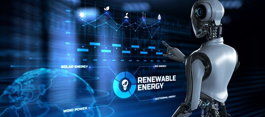 Renewable energy green technology ecology concept. Robot pressing button on screen 3d render.