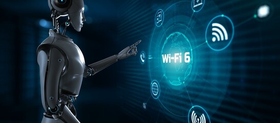 Wi-fi 6 wireless internet connection concept. Robot pressing button on screen. 3d render.