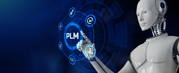 PLM Product lifecycle management. Robot pressing virtual button 3d render illustration.