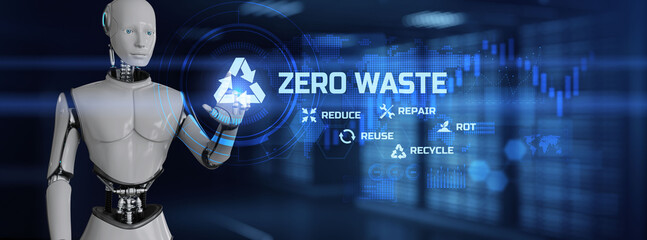 Zero waste ecology nature saving. Robot pressing button on screen. 3d render.