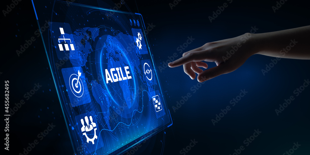 Poster agile software development scrum methodology technology concept. hand pressing button on screen.