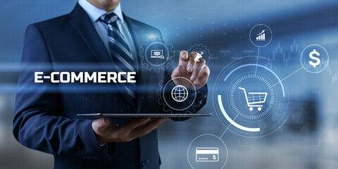 E-commerce online shopping business technology concept on screen.