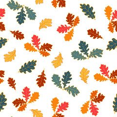Vector seamless pattern of bright oak leaves on a white background. Doodle
