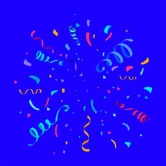 Confetti and serpentine ribbons vector background isolated on bright blue backdrop, explosion at the center. Festive illustration in flat modern simple style