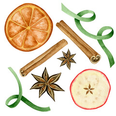 Mulled wine watercolor element clipart set. Winter spices illustration. Isolated clipart element on white background