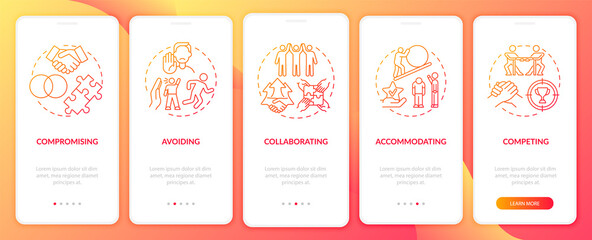 Conflict resolution strategies red onboarding mobile app page screen. Work relations walkthrough 5 steps graphic instructions with concepts. UI, UX, GUI vector template with linear color illustrations