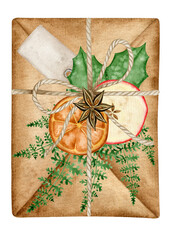 Gift letter decorated dried orange, apple slice, pine tree branch. Watercolor Christmas illustration. Isolated clipart element on white background