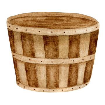 Watercolor Wooden Bucket Farmfouse Decoration Element. Isolated Clipart Element On White Background