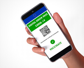 Digital green pass of the European Union with the QR code on a mobile screen, white background Covid-19 immunity