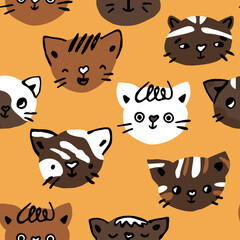 Cute cats kittens seamless pattern. Vector illustration of hand drawn animals on yellow background