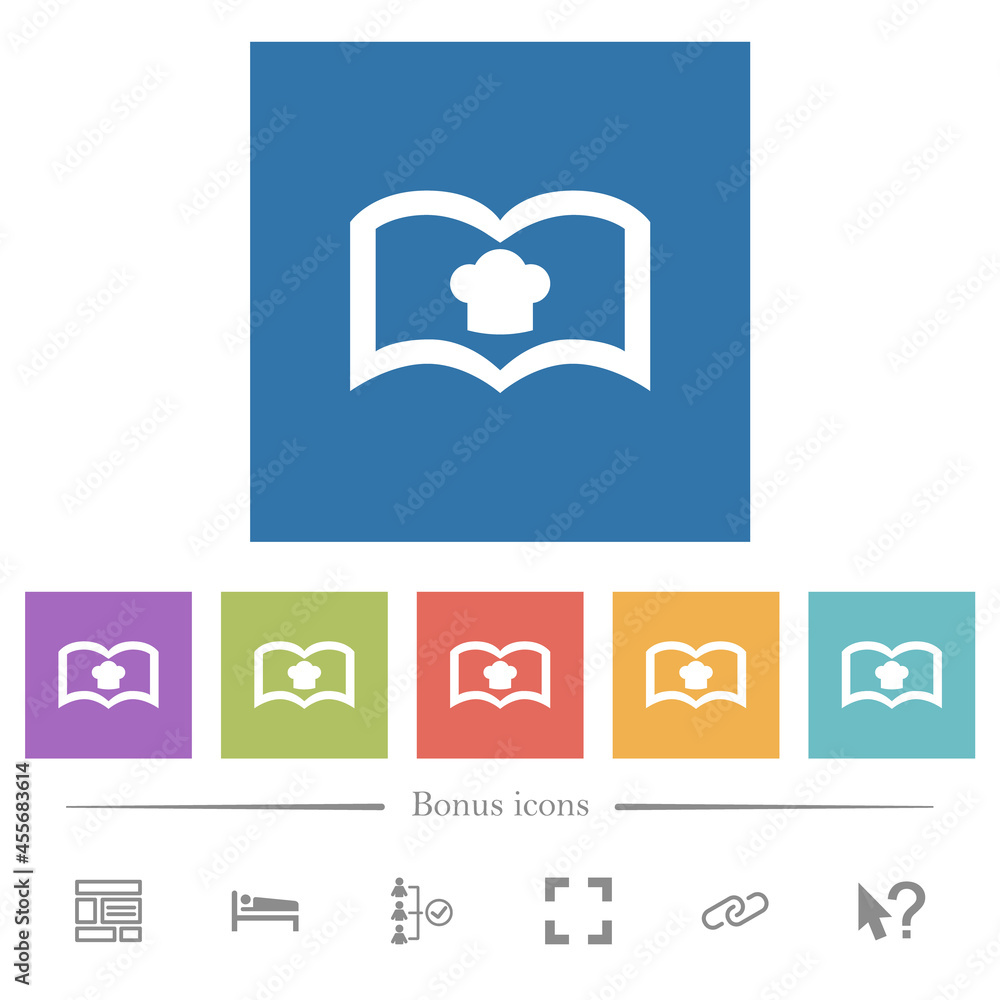 Poster cookbook with chef hat flat white icons in square backgrounds