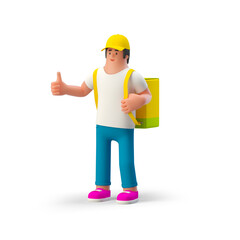 Man Courier in cap Standing with Bag on back and showing Thumbs Up Gesture . Food Delivery Concept 3D rendering  isolated on white background