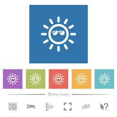 Sun with glossy sunglasses flat white icons in square backgrounds