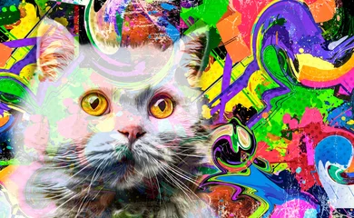 Fotobehang kattenkop met bril en creatieve abstracte elementen op kleurrijke achtergrond © reznik_val