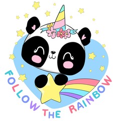 Hand drawn Cute Panda unicorn and rainbow vector illustration, Childish print summer